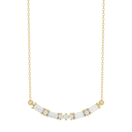 Luxury 10K Yellow Gold Ladies Necklace With Sparkling Round And Baguette Diamonds. A Refined 0.15 Ct Jewelry Design For Her.