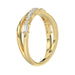 Elegant 10K Yellow Gold Ladies Crossover Ring Featuring Alternating Round And Baguette Diamonds 0.20 Ct. A Modern Fine Jewelry Design For Women.