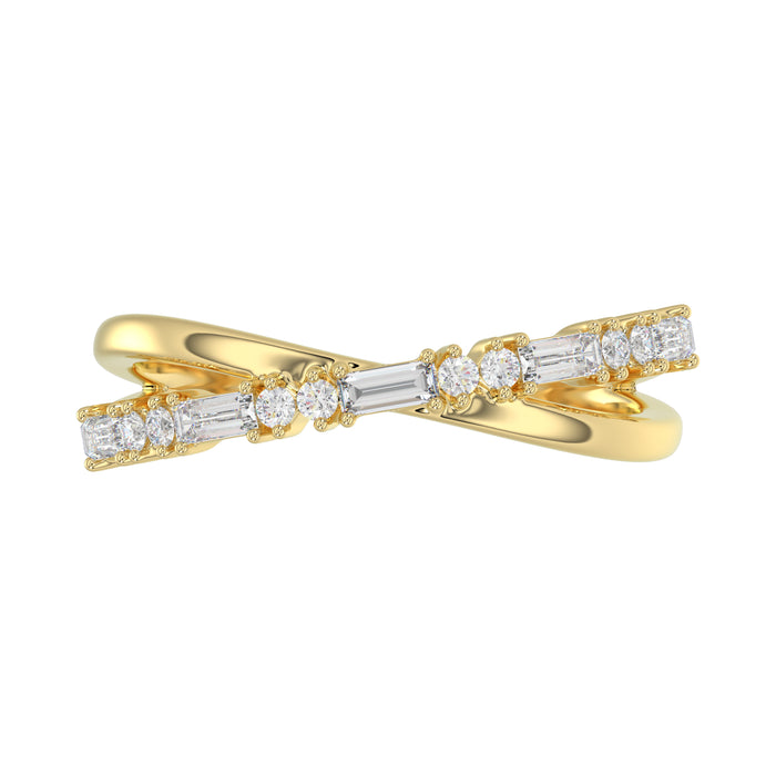 Elegant 10K Yellow Gold Ladies Crossover Ring Featuring Alternating Round And Baguette Diamonds 0.20 Ct. A Modern Fine Jewelry Design For Women.