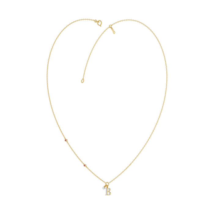 Stylish 10K Yellow Gold Ladies “B” Letter Necklace Featuring Round Ruby Diamonds And Pearl Accents. A Delicate And Personalized Fine Jewelry