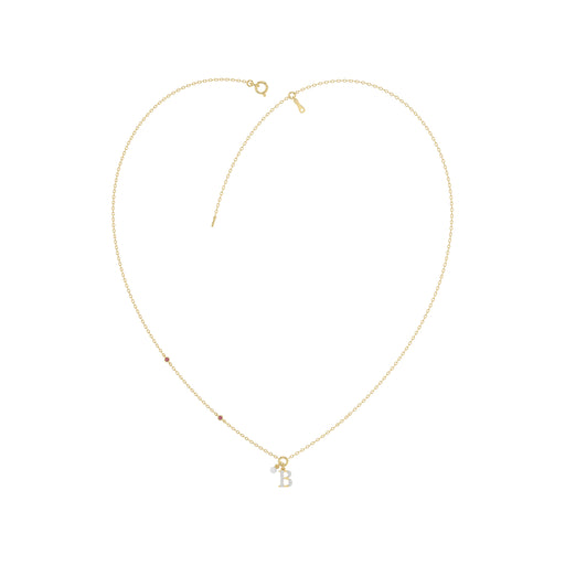 Stylish 10K Yellow Gold Ladies “B” Letter Necklace Featuring Round Ruby Diamonds And Pearl Accents. A Delicate And Personalized Fine Jewelry