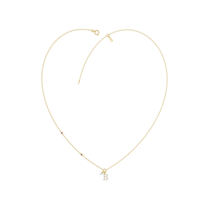 Stylish 10K Yellow Gold Ladies “B” Letter Necklace Featuring Round Ruby Diamonds And Pearl Accents. A Delicate And Personalized Fine Jewelry