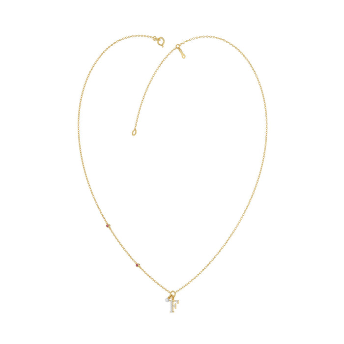 Stylish 10K Yellow Gold Ladies “F” Letter Necklace Featuring Round Ruby Diamonds And Pearl Accents. A Delicate And Personalized Fine Jewelry
