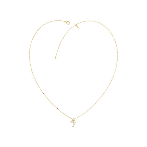 Stylish 10K Yellow Gold Ladies “F” Letter Necklace Featuring Round Ruby Diamonds And Pearl Accents. A Delicate And Personalized Fine Jewelry