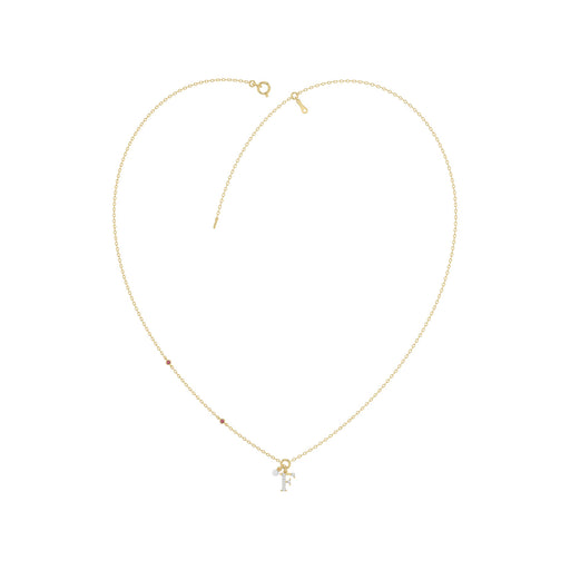 Stylish 10K Yellow Gold Ladies “F” Letter Necklace Featuring Round Ruby Diamonds And Pearl Accents. A Delicate And Personalized Fine Jewelry