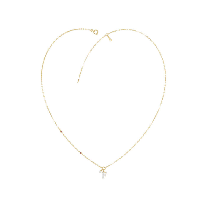 Stylish 10K Yellow Gold Ladies “F” Letter Necklace Featuring Round Ruby Diamonds And Pearl Accents. A Delicate And Personalized Fine Jewelry