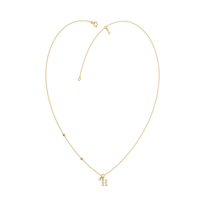 Stylish 10K Yellow Gold Ladies “H” Letter Necklace Featuring Round Ruby Diamonds And Pearl Accents. A Delicate And Personalized Fine Jewelry