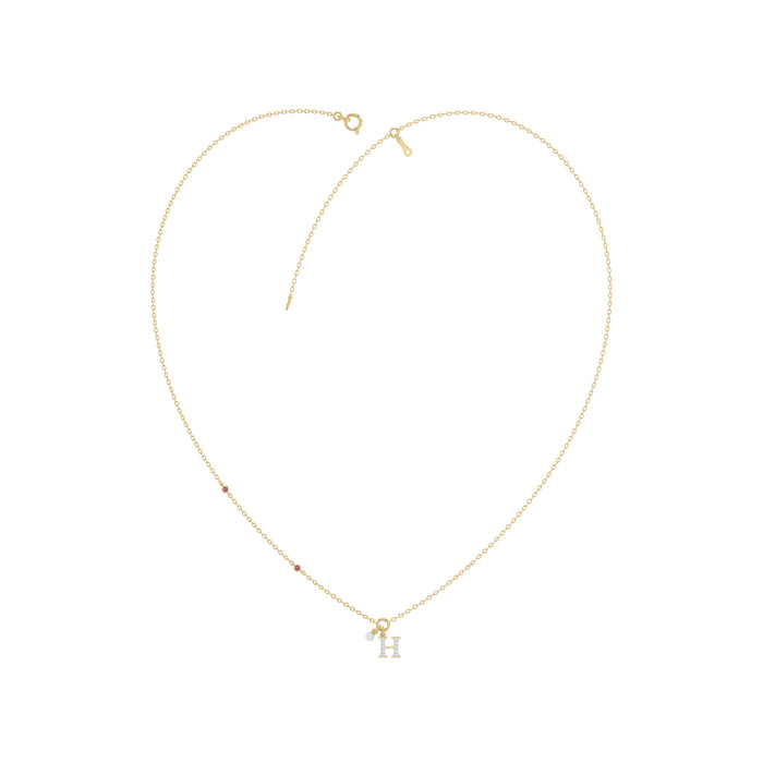 Stylish 10K Yellow Gold Ladies “H” Letter Necklace Featuring Round Ruby Diamonds And Pearl Accents. A Delicate And Personalized Fine Jewelry