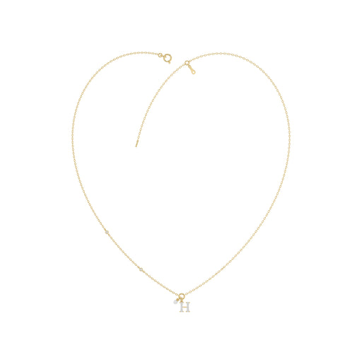 Stylish 10K Yellow Gold Ladies “H” Letter Necklace Featuring Round Ruby Diamonds And Pearl Accents. A Delicate And Personalized Fine Jewelry