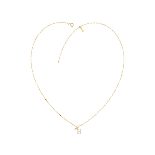 Stylish 10K Yellow Gold Ladies “H” Letter Necklace Featuring Round Ruby Diamonds And Pearl Accents. A Delicate And Personalized Fine Jewelry