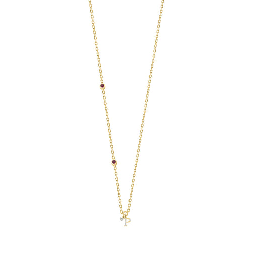 Stylish 10K Yellow Gold Ladies “P” Letter Necklace Featuring Round Ruby Diamonds And Pearl Accents. A Delicate And Personalized Fine Jewelry
