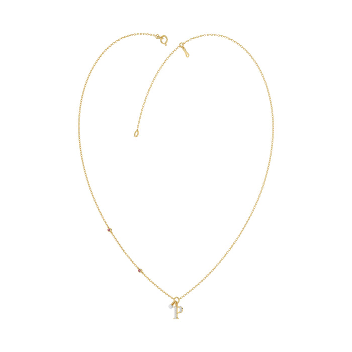 Stylish 10K Yellow Gold Ladies “P” Letter Necklace Featuring Round Ruby Diamonds And Pearl Accents. A Delicate And Personalized Fine Jewelry
