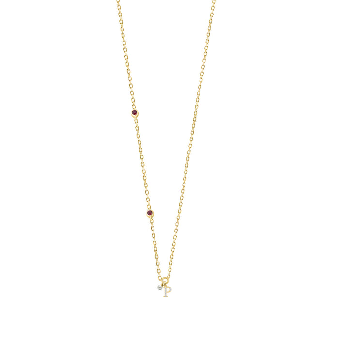Stylish 10K Yellow Gold Ladies “P” Letter Necklace Featuring Round Ruby Diamonds And Pearl Accents. A Delicate And Personalized Fine Jewelry