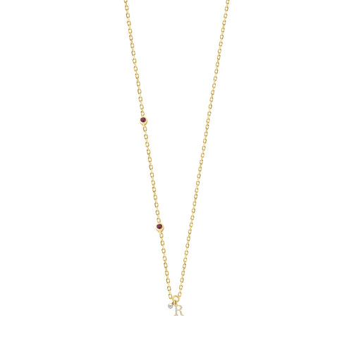 Stylish 10K Yellow Gold Ladies “R” Letter Necklace Featuring Round Ruby Diamonds And Pearl Accents. A Delicate And Personalized Fine Jewelry