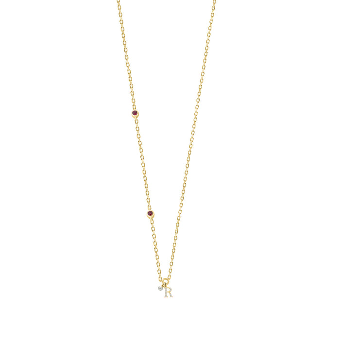 Stylish 10K Yellow Gold Ladies “R” Letter Necklace Featuring Round Ruby Diamonds And Pearl Accents. A Delicate And Personalized Fine Jewelry