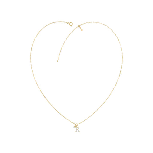 Stylish 10K Yellow Gold Ladies “R” Letter Necklace Featuring Round Ruby Diamonds And Pearl Accents. A Delicate And Personalized Fine Jewelry