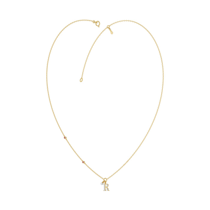 Stylish 10K Yellow Gold Ladies “R” Letter Necklace Featuring Round Ruby Diamonds And Pearl Accents. A Delicate And Personalized Fine Jewelry