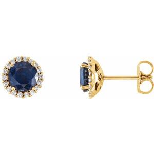 Ladies 4 mm Natural Blue Sapphire Natural Diamond Earrings — 14K Yellow Gold