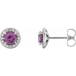 Ladies 5 mm Natural Amethyst Natural Diamond Earrings — 14K White Gold