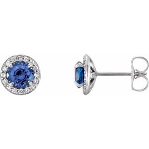 Ladies 5 mm Natural Blue Sapphire Natural Diamond Earrings — 14K White Gold