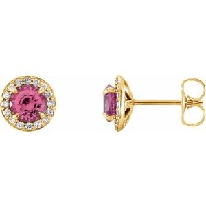 Ladies 5 mm Natural Pink Tourmaline Natural Diamond Earrings — 14K Yellow Gold
