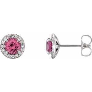 Ladies 5 mm Natural Pink Tourmaline Natural Diamond Earrings — 14K White Gold