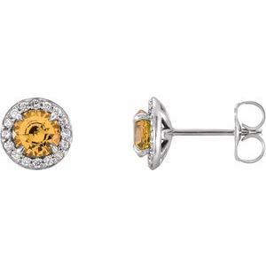 Ladies 5 mm Natural Citrine Natural Diamond Earrings — 14K White Gold