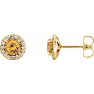 Ladies 5 mm Natural Citrine Natural Diamond Earrings — 14K Yellow Gold