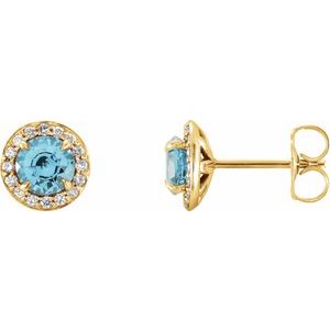 Ladies 5 mm Natural Blue Zircon Natural Diamond Earrings — 14K Yellow Gold