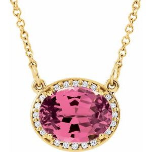 Ladies Natural Pink Tourmaline Natural Diamond 16 1/ Necklace (I1, G-H) — 14K Yellow Gold