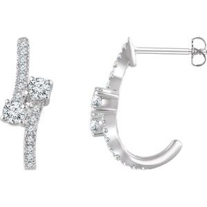 Ladies Natural Diamond Two-Stone J-Hoop Earrings — 14K White Gold