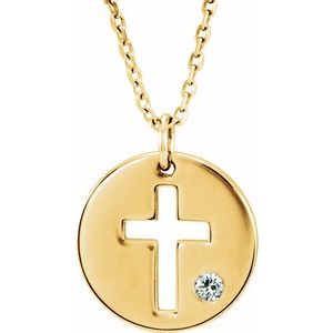 Ladies Natural Diamond Pierced Cross Disc Necklace (I1, G-H) — 14K Yellow Gold