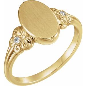 Ladies Diamond 12x8 mm Oval Fleur-de-lis Signet Ring — 14K Yellow Gold