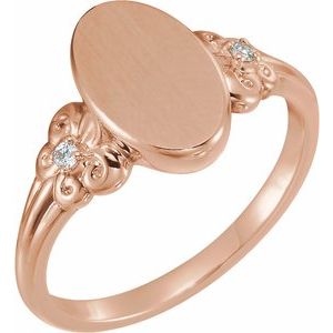 Ladies Diamond 12x8 mm Oval Fleur-de-lis Signet Ring — 14K Rose Gold