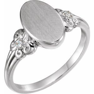 Ladies Diamond 12x8 mm Oval Fleur-de-lis Signet Ring — Sterling Silver