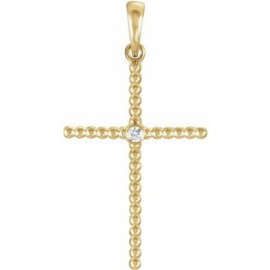 Ladies 33.3x17.6 mm Natural Diamond Beaded Cross Pendant — 14K Yellow Gold
