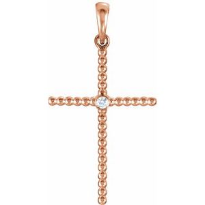 Ladies 33.3x17.6 mm Natural Diamond Beaded Cross Pendant — 14K Rose Gold