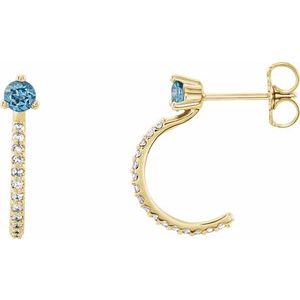 Ladies Natural Aquamarine Natural Diamond J-Hoop Earrings (I1, G-H) — 14K Yellow Gold