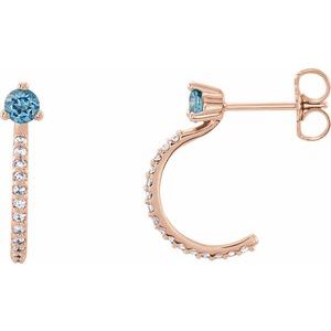 Ladies Natural Aquamarine Natural Diamond J-Hoop Earrings (I1, G-H) — 14K Rose Gold