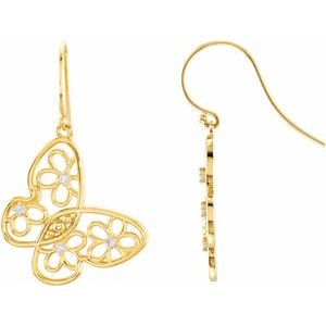 Ladies 1/6 Natural Daimond Floral Butterfly Earrings — 14K Yellow Gold