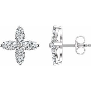Ladies Natural Diamond Flower Earrings — 14K White Gold