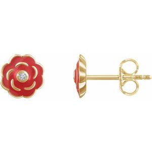 Ladies Natural Diamond Enamel Flower Earrings (I2, H+) — 10K Yellow Gold