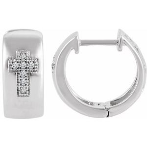 Ladies Natural Diamond Cross 11.3 mm Hoop Earrings (I2, H+) — Sterling Silver