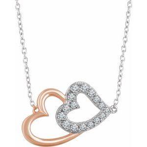 Ladies 14K White/ Natural Diamond Double Heart Necklace (I1, H+) — 14K White/Rose Gold