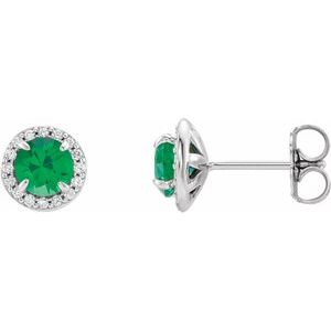 Ladies 5 mm Natural Emerald Natural Diamond Earrings — 14K White Gold