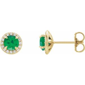 Ladies 5 mm Natural Emerald Natural Diamond Earrings — 14K Yellow Gold