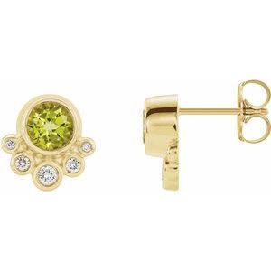Ladies Natural Peridot Natural Diamond Earrings — 14K Yellow Gold