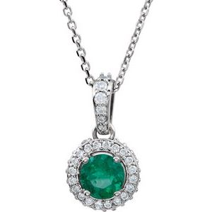 Ladies Natural Emerald Natural Diamond Necklace (I1, G-H) — 14K White Gold