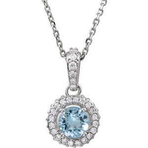 Ladies Natural Aquamarine Natural Diamond Necklace (I1, G-H) — 14K White Gold
