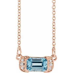 Ladies Natural Aquamarine Natural Diamond Bar Necklace (I1, G-H) — 14K Rose Gold